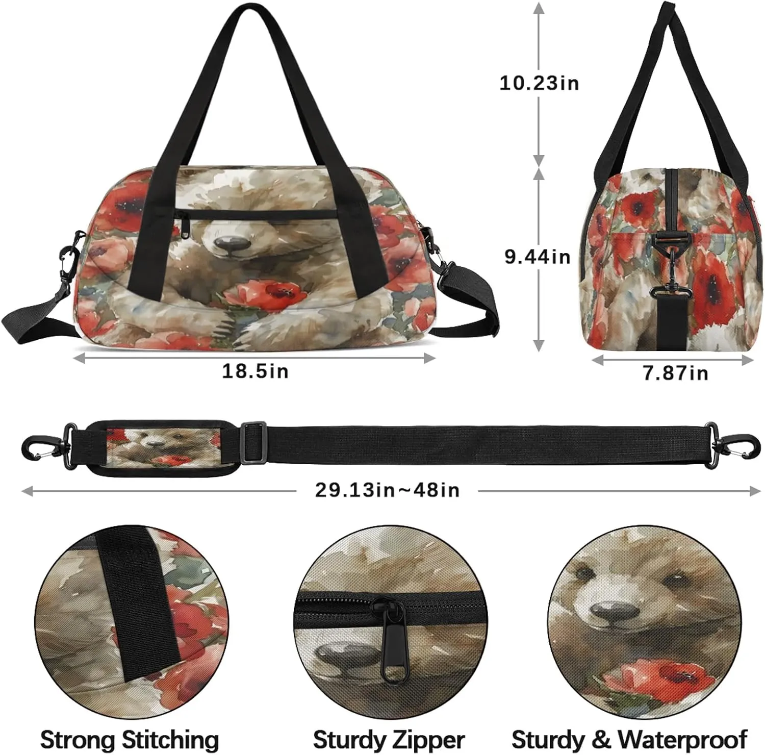 Red Rose Bear Kids Duffel Bag Lightweight Waterproof Sports Gym Bag with Front Zipper Pocket Foldable Weekender Overnight Bag for School Practice Gymnastic Ballet