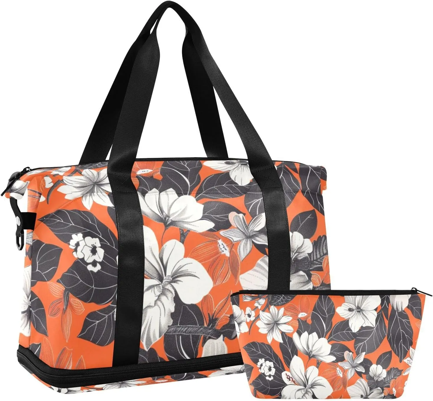 Reddish Black Vintage Flowers Gym Tote Bag Shoulder Weekender Overnight Bag with Toiletry Bag for Yoga Multifunctional