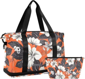 Reddish Black Vintage Flowers Gym Tote Bag Shoulder Weekender Overnight Bag with Toiletry Bag for Yoga Multifunctional