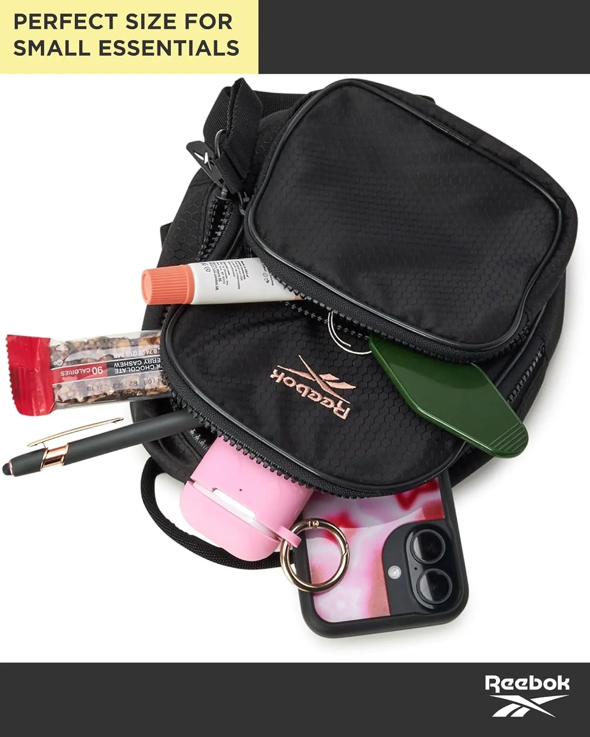 Reebok Women's Backpack - Lightweight Mini Essential Backpack - Small Casual Travel Bag, Black With Rose Gold Logo