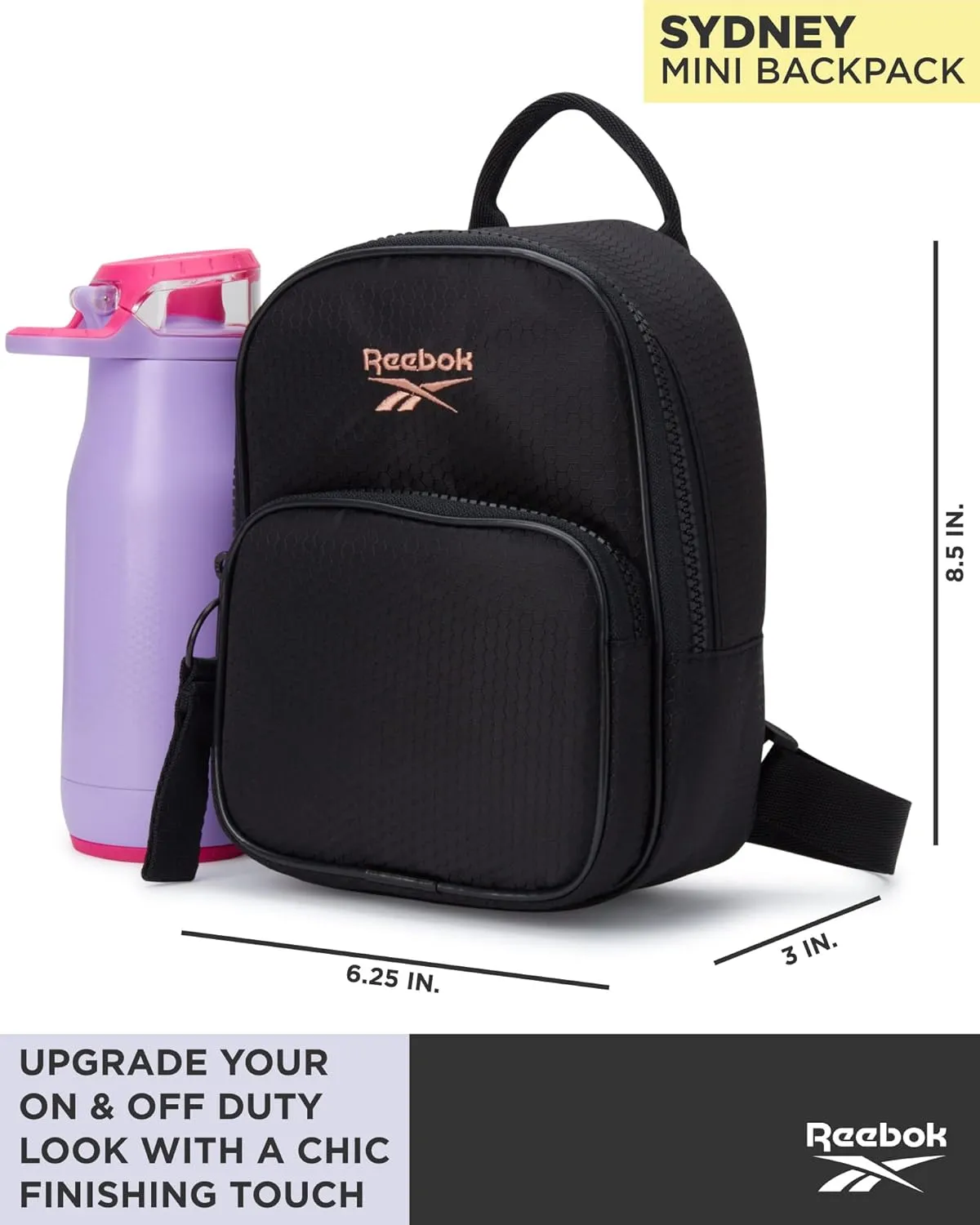 Reebok Women's Backpack - Lightweight Mini Essential Backpack - Small Casual Travel Bag, Black With Rose Gold Logo