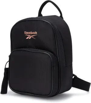 Reebok Women's Backpack - Lightweight Mini Essential Backpack - Small Casual Travel Bag, Black With Rose Gold Logo