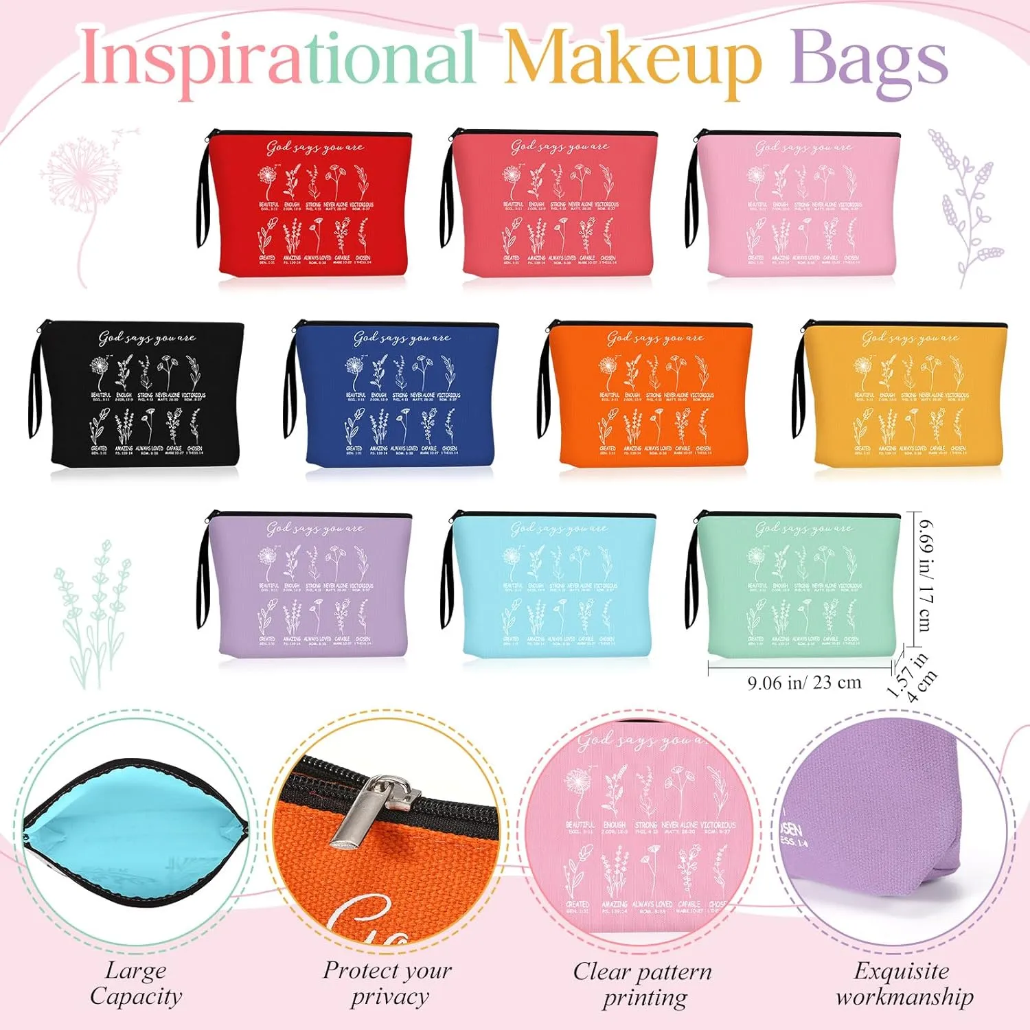 Reginary 10 Pcs Christian Mother's Day Gifts Bulk Religious Cosmetic Bag Inspirational Bible Verse Floral Makeup Bag Motivational Quotes with Zipper for Women Sister Church Members(Multicolor)
