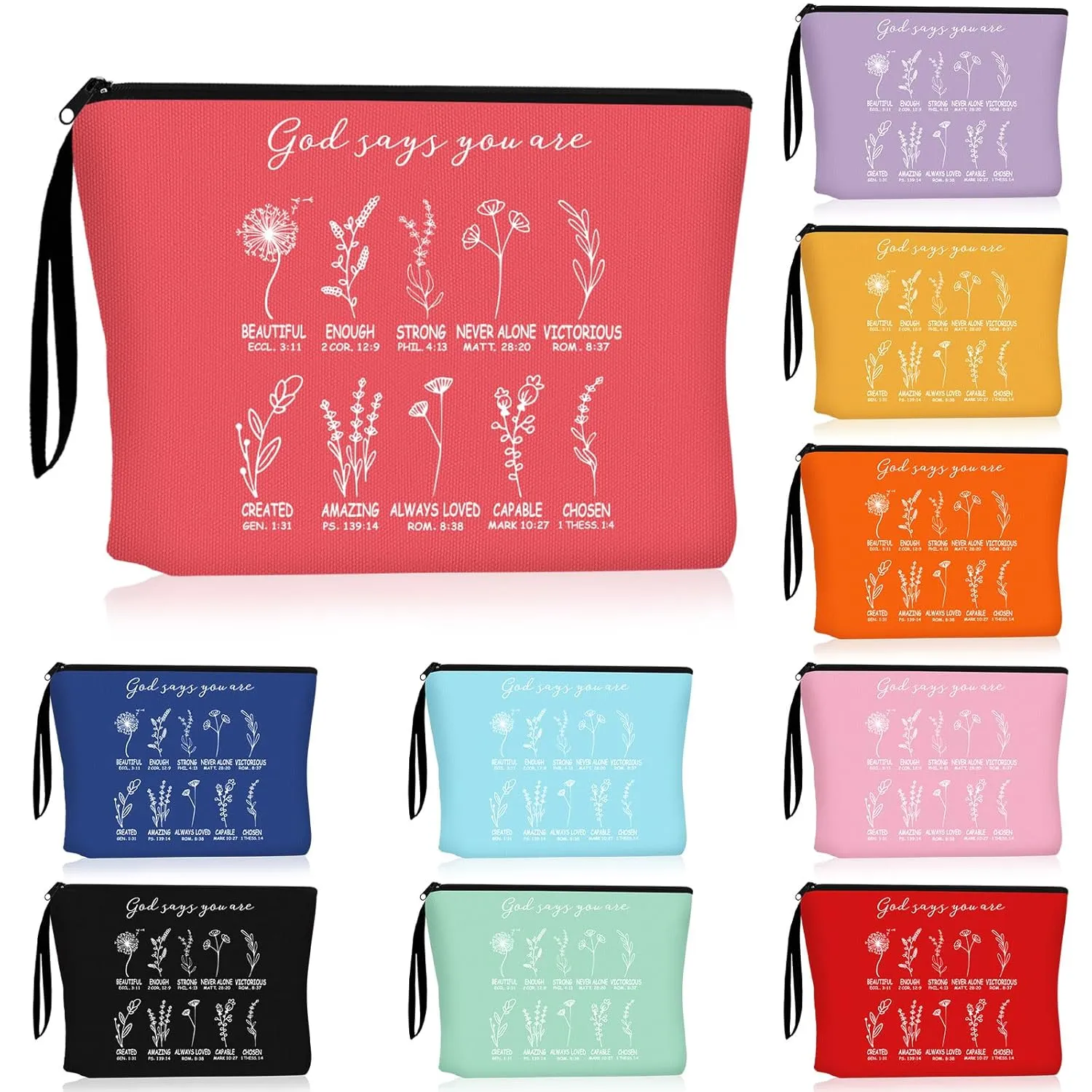 Reginary 10 Pcs Christian Mother's Day Gifts Bulk Religious Cosmetic Bag Inspirational Bible Verse Floral Makeup Bag Motivational Quotes with Zipper for Women Sister Church Members(Multicolor)