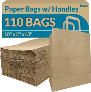 Reli. 10x5x13 in. Brown Paper Bags with Handles | 110 Pack | Kraft Paper Shopping Bags with Flat Handles Bulk | Ideal for Gifts, Retail, Shopping, Merchandise, Take Out/To Go, Party, Crafts