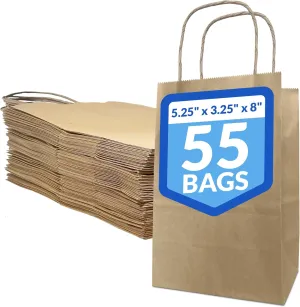 Reli. 5.25x3.25x8 in. Small Paper Bags with Handles | 55 Pack | Kraft Brown Paper Bags with Twist Handles | Ideal for Gifts, Retail, Shopping, Merchandise, Crafts