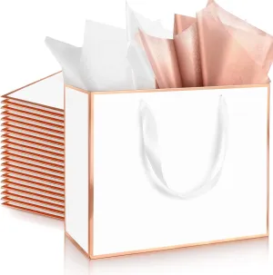 ReliThick 12 Pack Metallic Paper Gift Bag with Handles and Tissue Paper 11.8 x 10 x 4'' Thank You Favor Bag for Wedding Bridesmaid Graduation Groomsmen 5 Senses Birthday Gifts(Rose Gold, White)