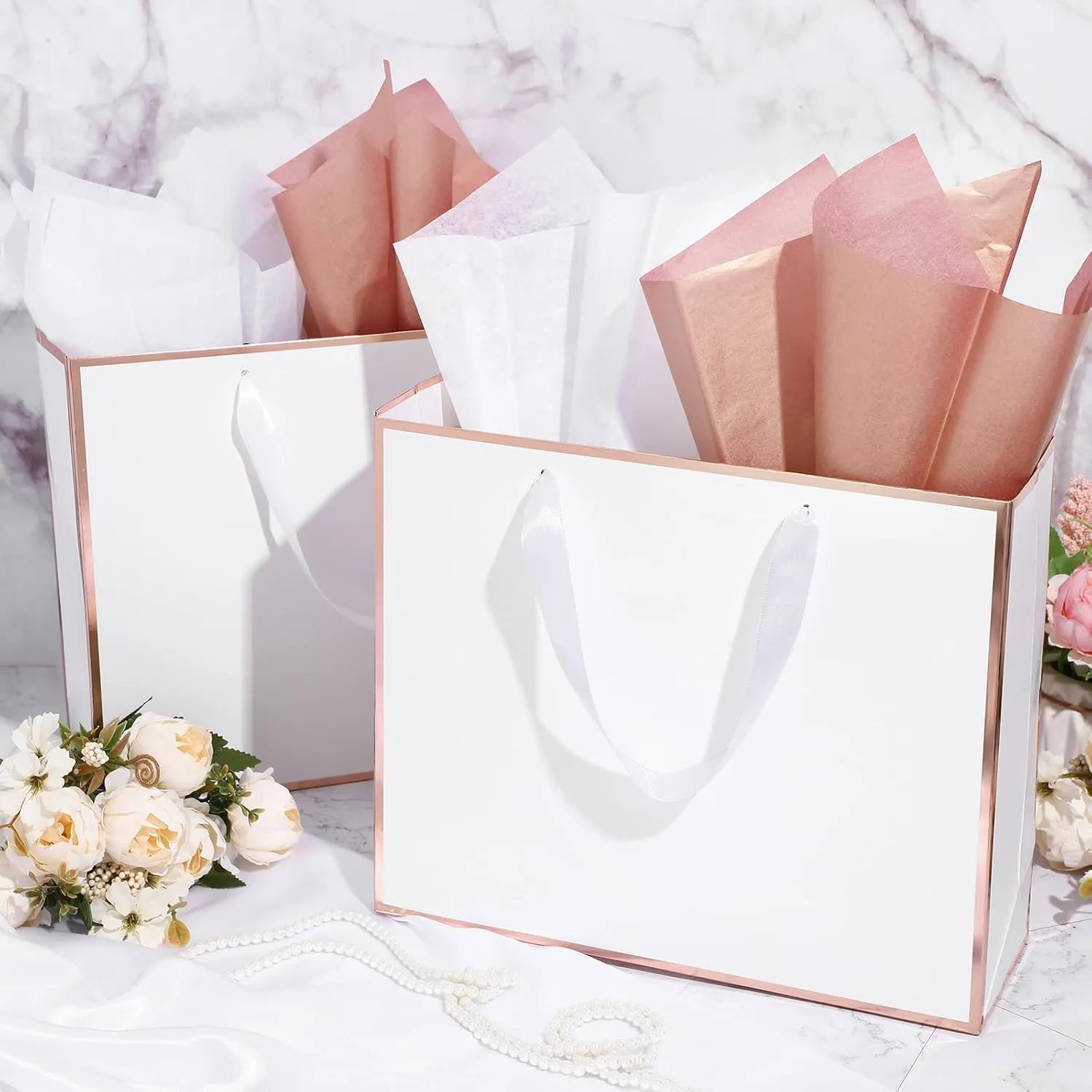 ReliThick 12 Pack Metallic Paper Gift Bag with Handles and Tissue Paper 11.8 x 10 x 4'' Thank You Favor Bag for Wedding Bridesmaid Graduation Groomsmen 5 Senses Birthday Gifts(Rose Gold, White)