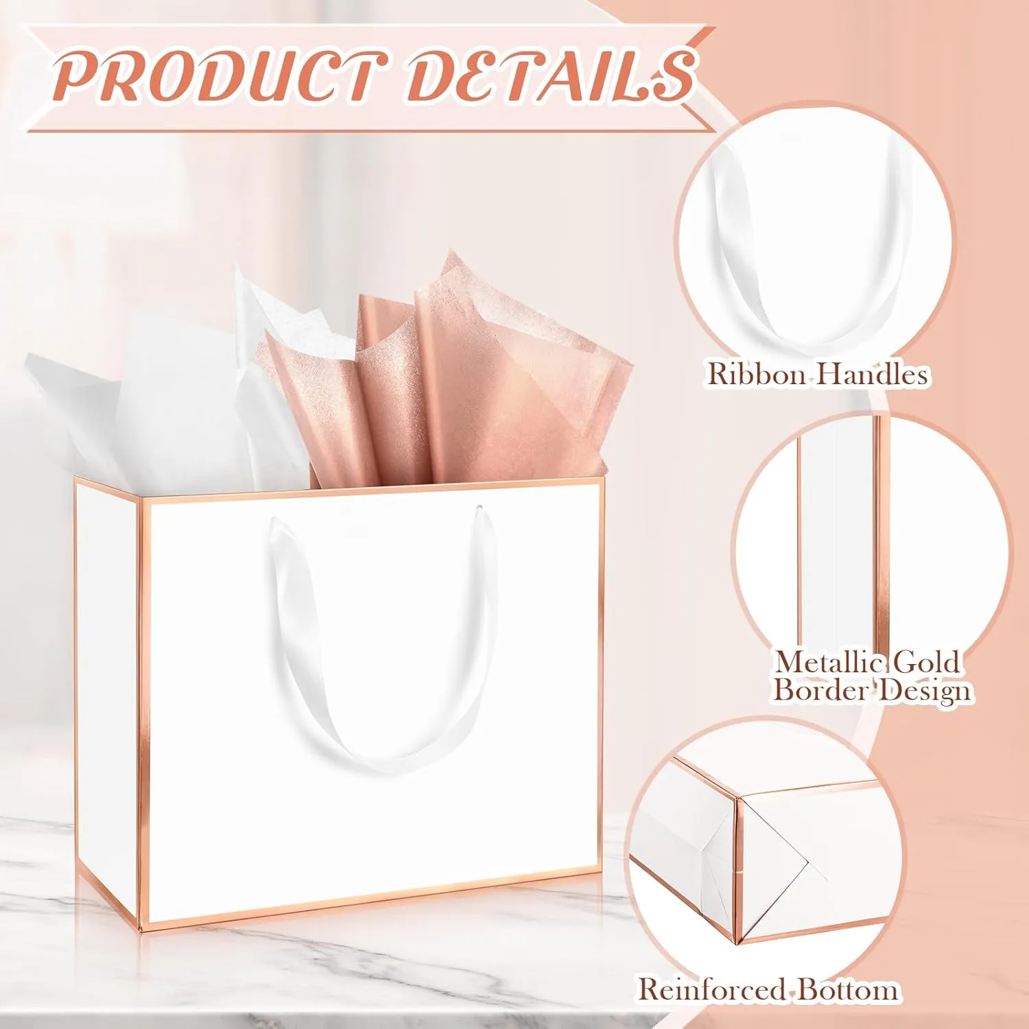 ReliThick 12 Pack Metallic Paper Gift Bag with Handles and Tissue Paper 11.8 x 10 x 4'' Thank You Favor Bag for Wedding Bridesmaid Graduation Groomsmen 5 Senses Birthday Gifts(Rose Gold, White)