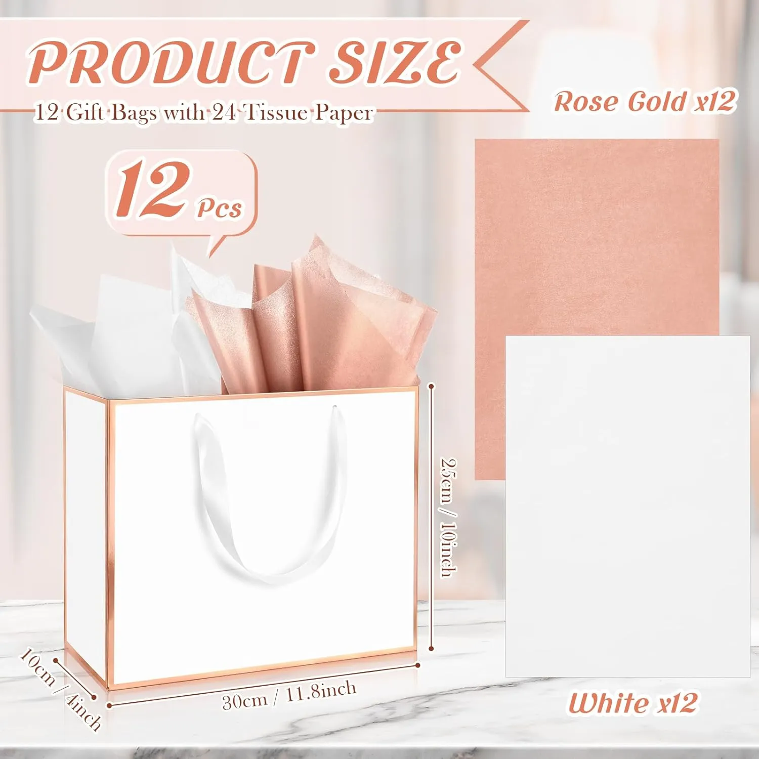 ReliThick 12 Pack Metallic Paper Gift Bag with Handles and Tissue Paper 11.8 x 10 x 4'' Thank You Favor Bag for Wedding Bridesmaid Graduation Groomsmen 5 Senses Birthday Gifts(Rose Gold, White)