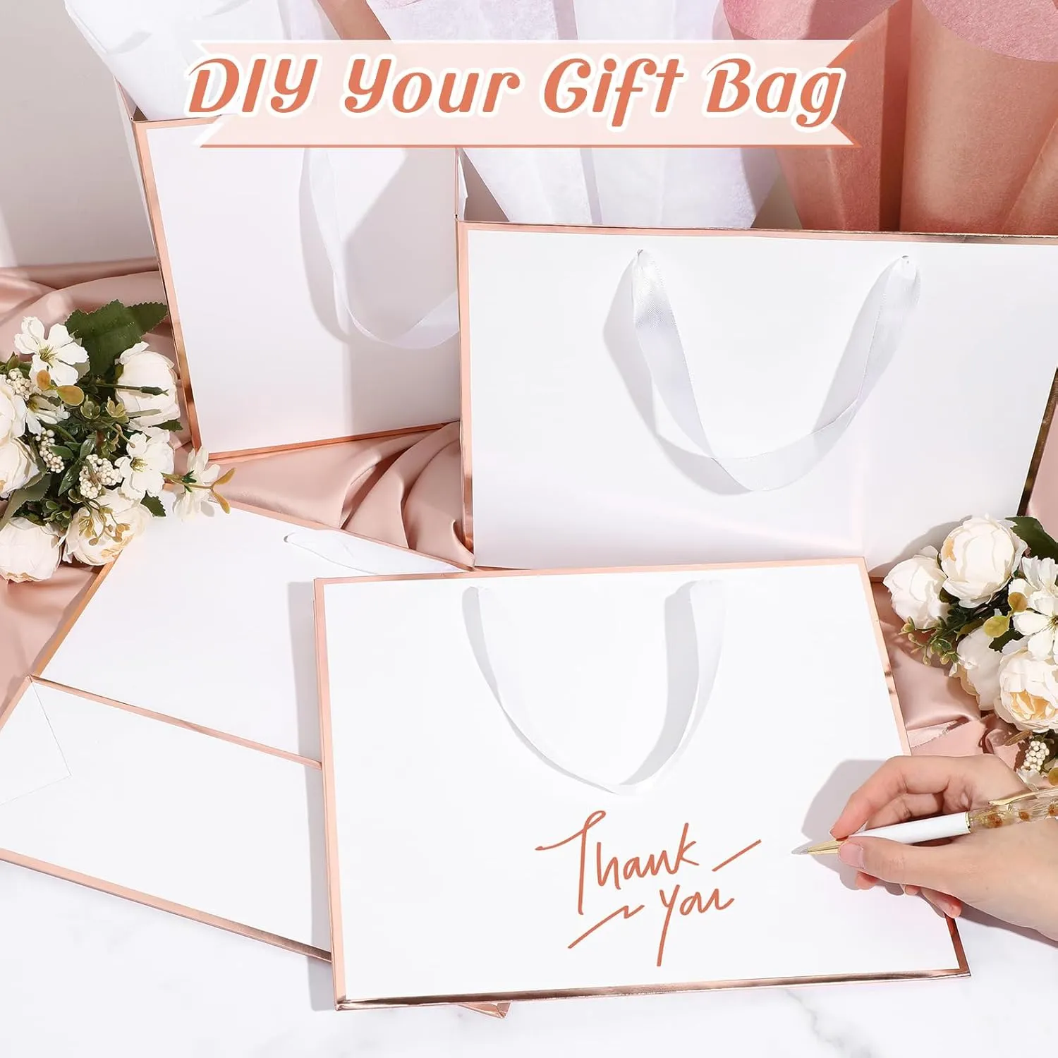 ReliThick 12 Pack Metallic Paper Gift Bag with Handles and Tissue Paper 11.8 x 10 x 4'' Thank You Favor Bag for Wedding Bridesmaid Graduation Groomsmen 5 Senses Birthday Gifts(Rose Gold, White)