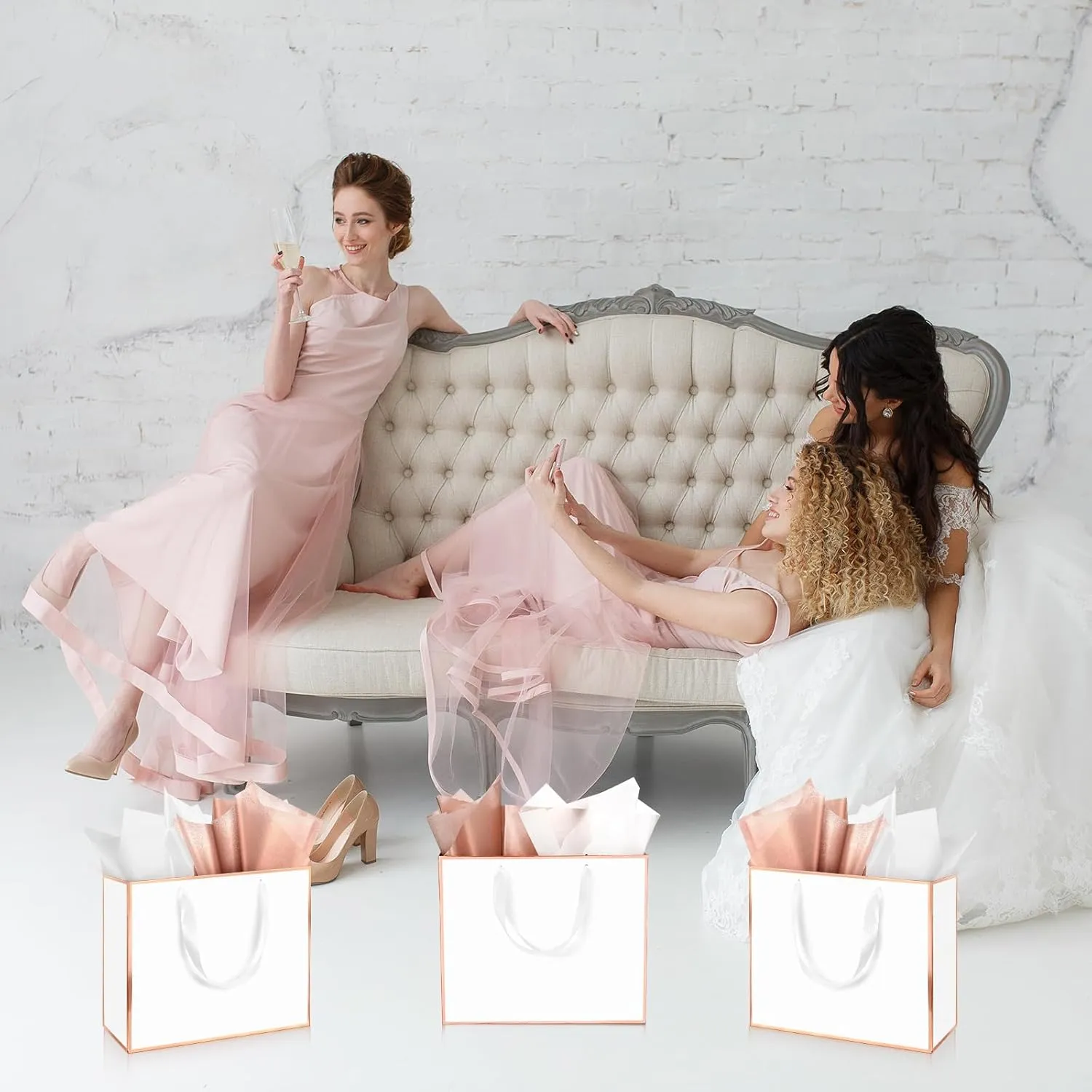 ReliThick 12 Pack Metallic Paper Gift Bag with Handles and Tissue Paper 11.8 x 10 x 4'' Thank You Favor Bag for Wedding Bridesmaid Graduation Groomsmen 5 Senses Birthday Gifts(Rose Gold, White)