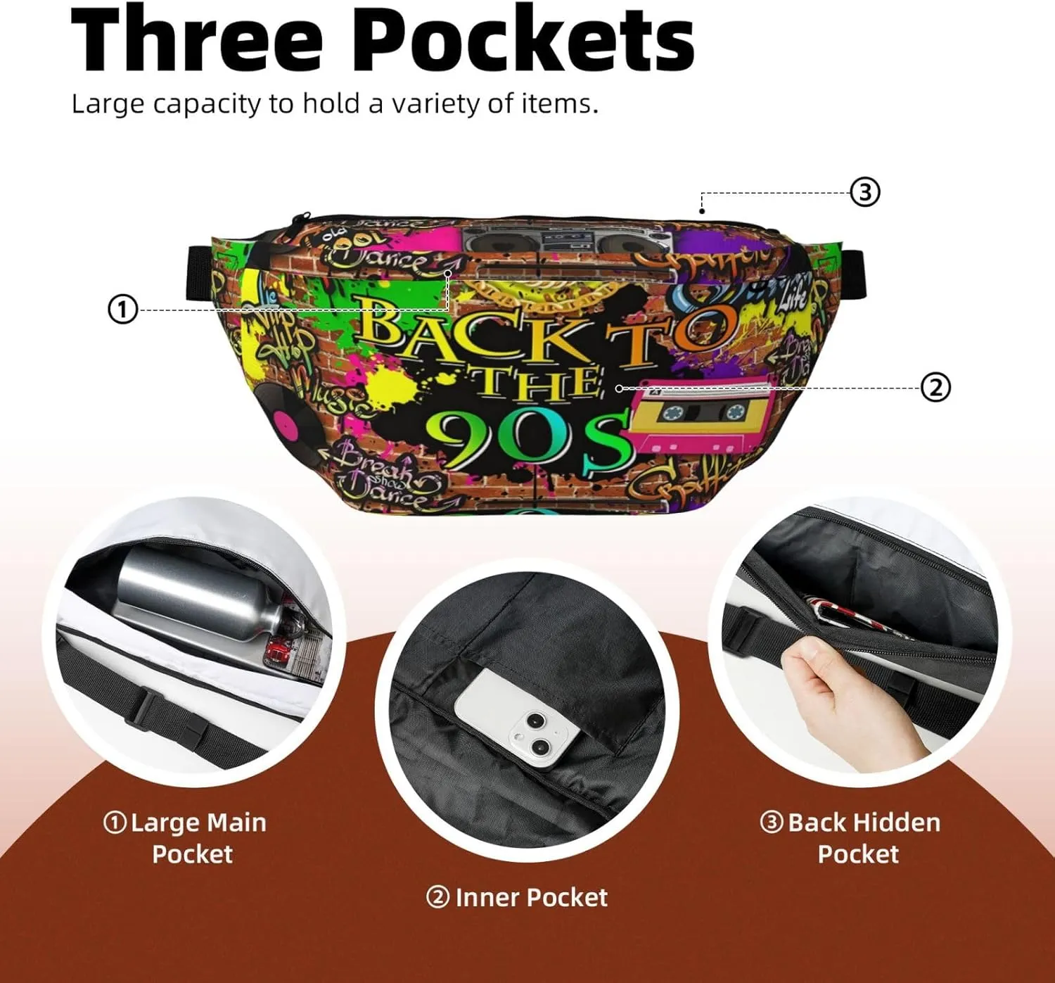 Retro 80s 90s Crossbody Waist Bag,Fashion Fanny Pack Large Belt Bags for Men Women Sports Travel Work