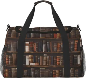 Retro Bookshelf Books Wallpaper Duffle Bag Travel Duffel Bags for Men Women Waterproof Gym Overnight Weekender Bag Carry on Tote Bag