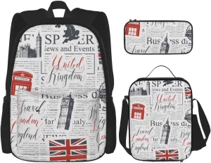 Retro British Flag Symbols Landmarks News Paper 3 Pices Backpack Set For Travel Women Men Business Work Bag With Lunch Bag Pencil Case Set Travel Camping Work 3 In 1 Daypack