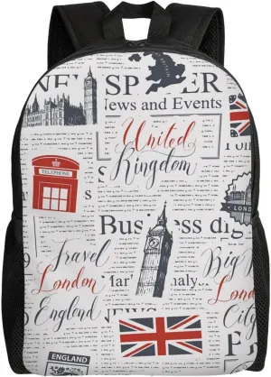 Retro British Flag Symbols Landmarks News Paper Stylish Casual Backpack For Women Personalized Laptop Backpacks With Pockets Computer Daypack For Work Business Travel