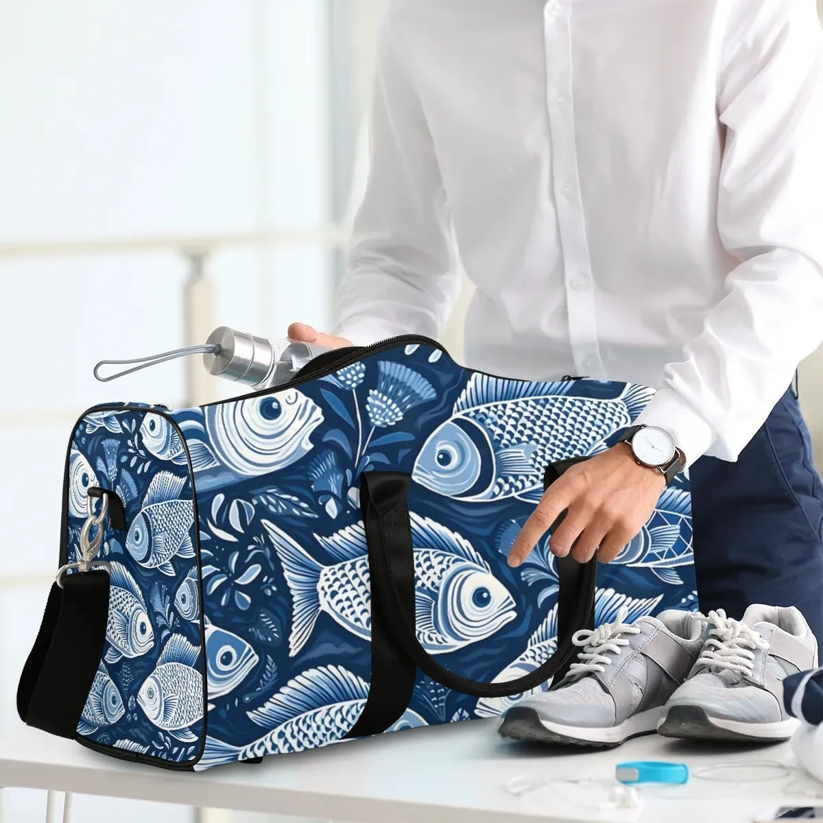 Retro Fishes Foldable Lightweight Duffle Bag for Travel - Waterproof Carry On Bags for Airplanes, Travel Duffel Bags for Gym, Weekend