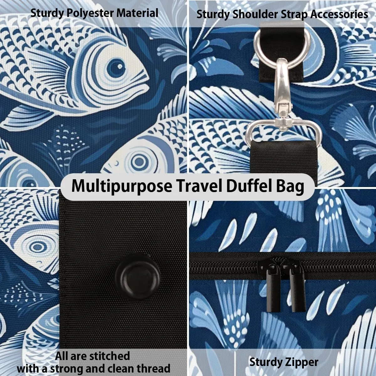 Retro Fishes Foldable Lightweight Duffle Bag for Travel - Waterproof Carry On Bags for Airplanes, Travel Duffel Bags for Gym, Weekend