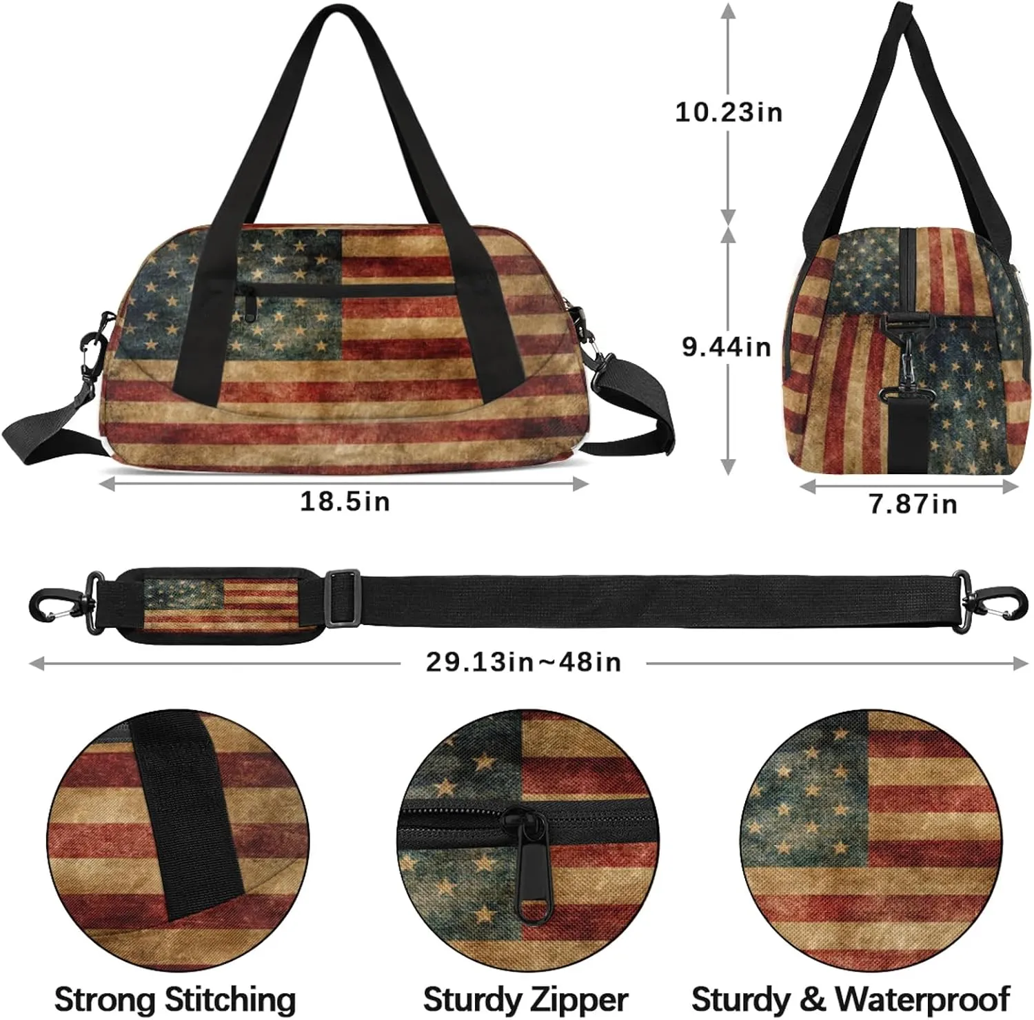 Retro Patriotic Flags American Flag Kids Duffel Bag Lightweight Waterproof Sports Gym Bag with Front Zipper Pocket Foldable Weekender Overnight Bag for School Practice Gymnastic Ballet