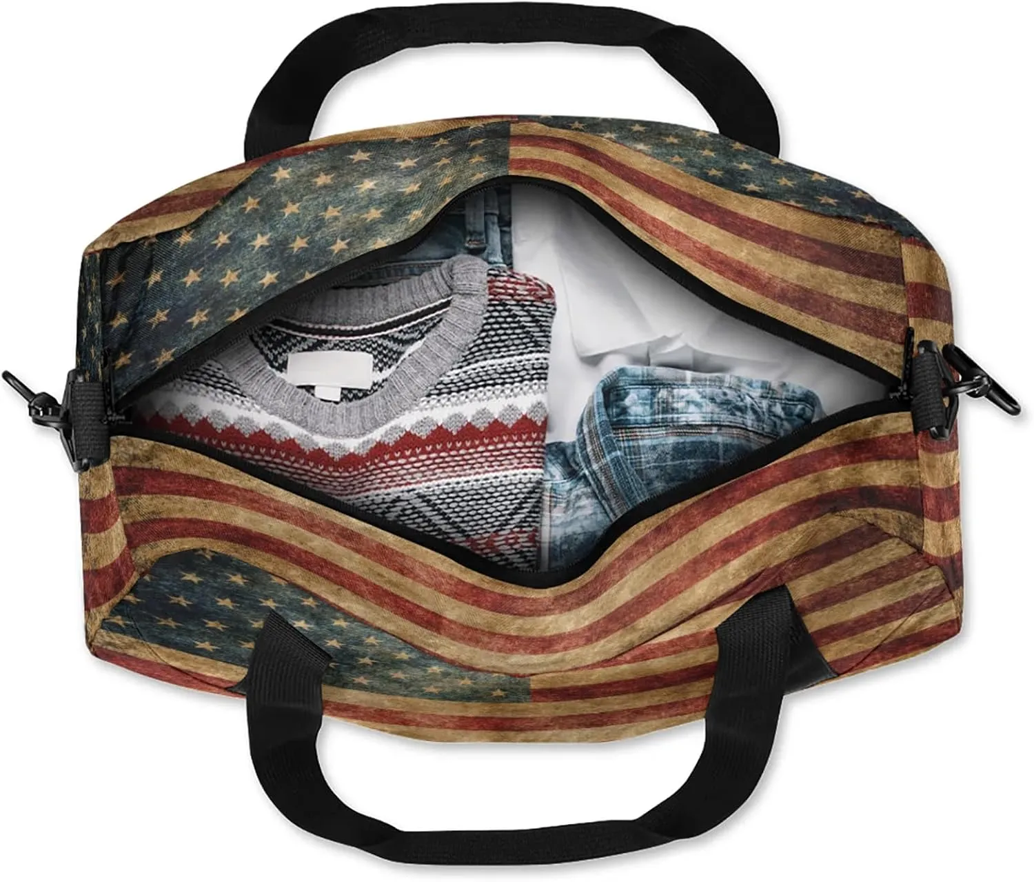 Retro Patriotic Flags American Flag Kids Duffel Bag Lightweight Waterproof Sports Gym Bag with Front Zipper Pocket Foldable Weekender Overnight Bag for School Practice Gymnastic Ballet