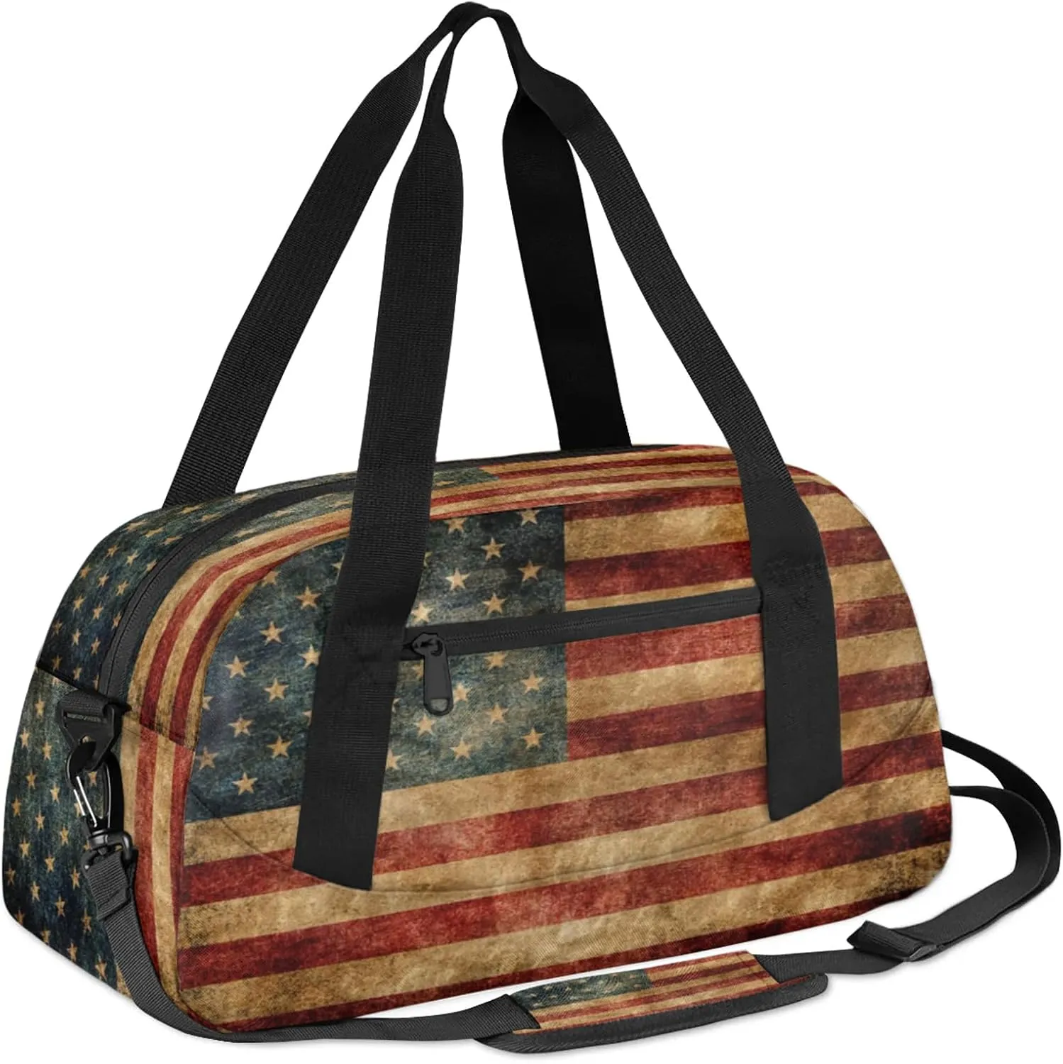 Retro Patriotic Flags American Flag Kids Duffel Bag Lightweight Waterproof Sports Gym Bag with Front Zipper Pocket Foldable Weekender Overnight Bag for School Practice Gymnastic Ballet
