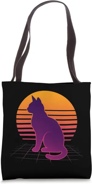 Retro Synthwave Cat Sunset Electric Horizon Grid Silhouette Tote Bag