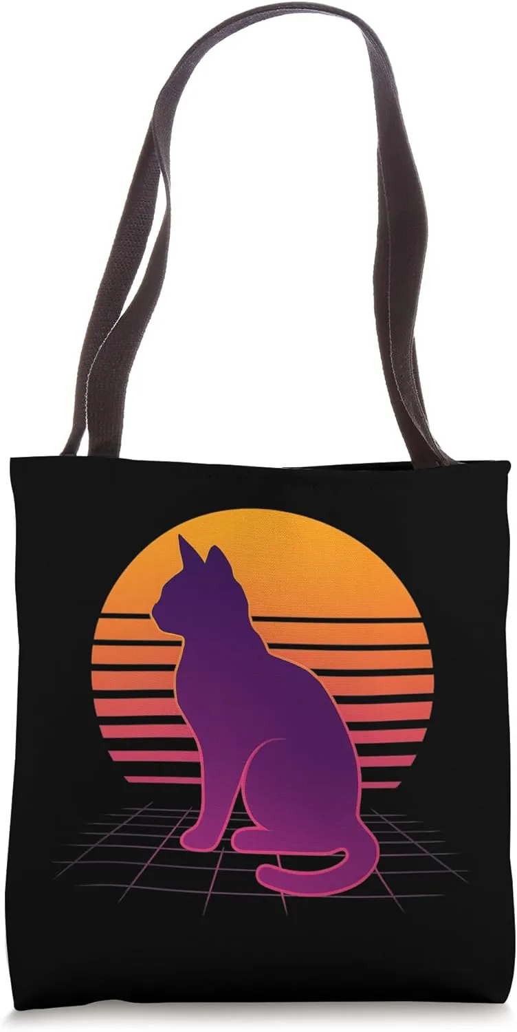 Retro Synthwave Cat Sunset Electric Horizon Grid Silhouette Tote Bag