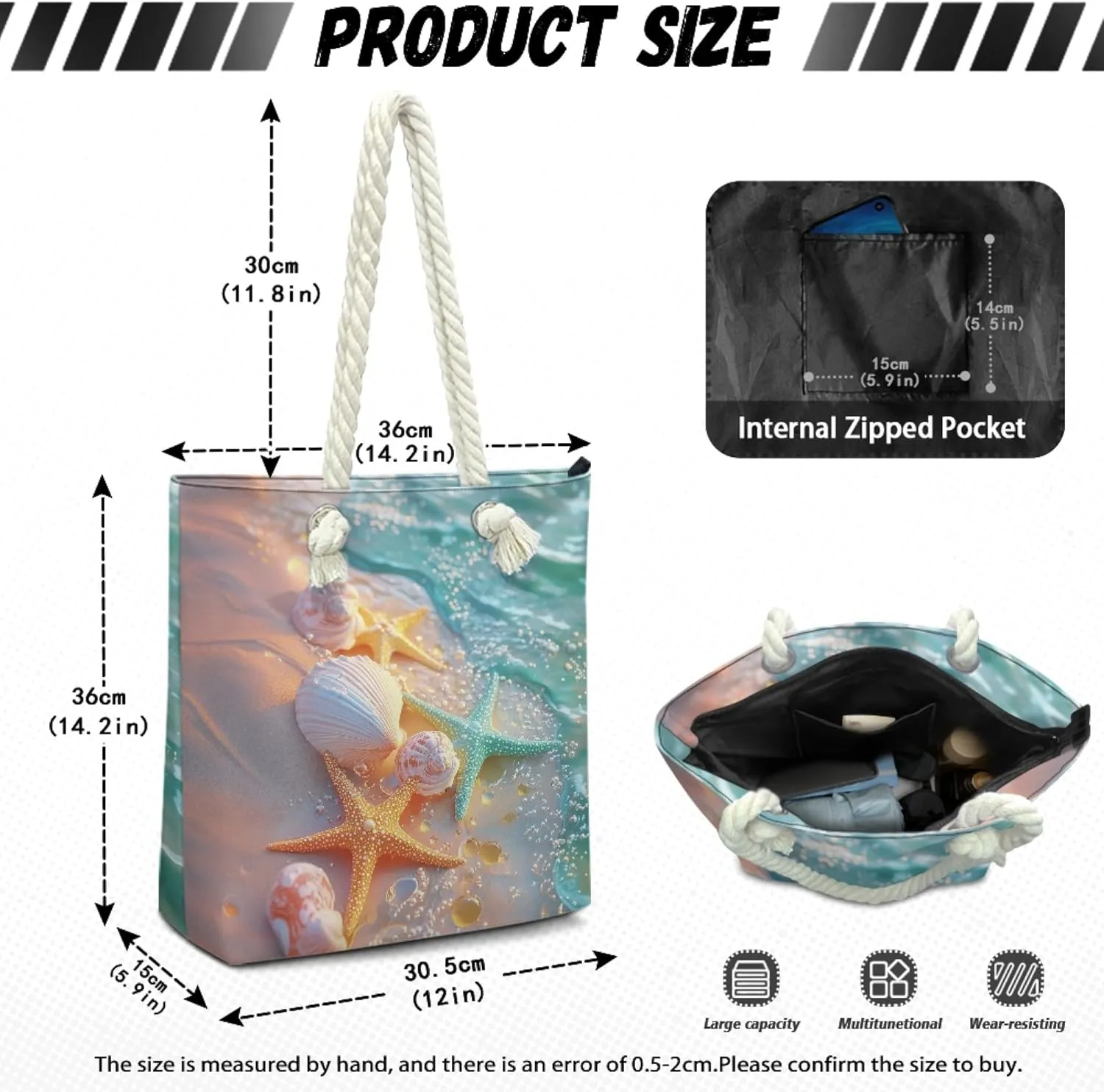 Reusable Grocery Bags Large Capacity Zipper Tote Bag Lightweight Beach Tote for Women