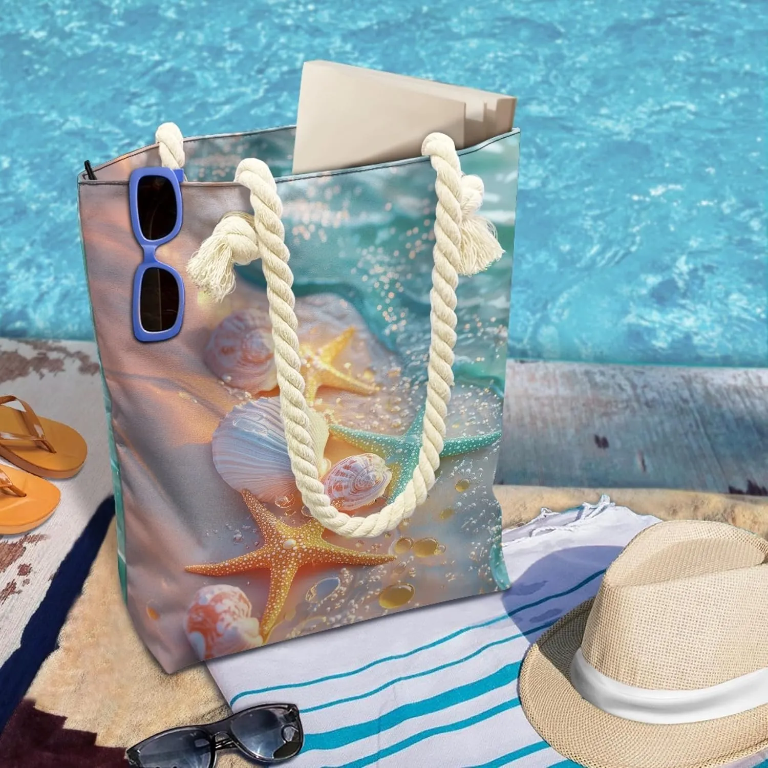 Reusable Grocery Bags Large Capacity Zipper Tote Bag Lightweight Beach Tote for Women