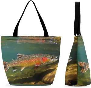 Reusable Shopping Bags for Women Large Grocery Bags Travel Tote Bags Brook Trout Fly Fishing Shoulder Bag for Work