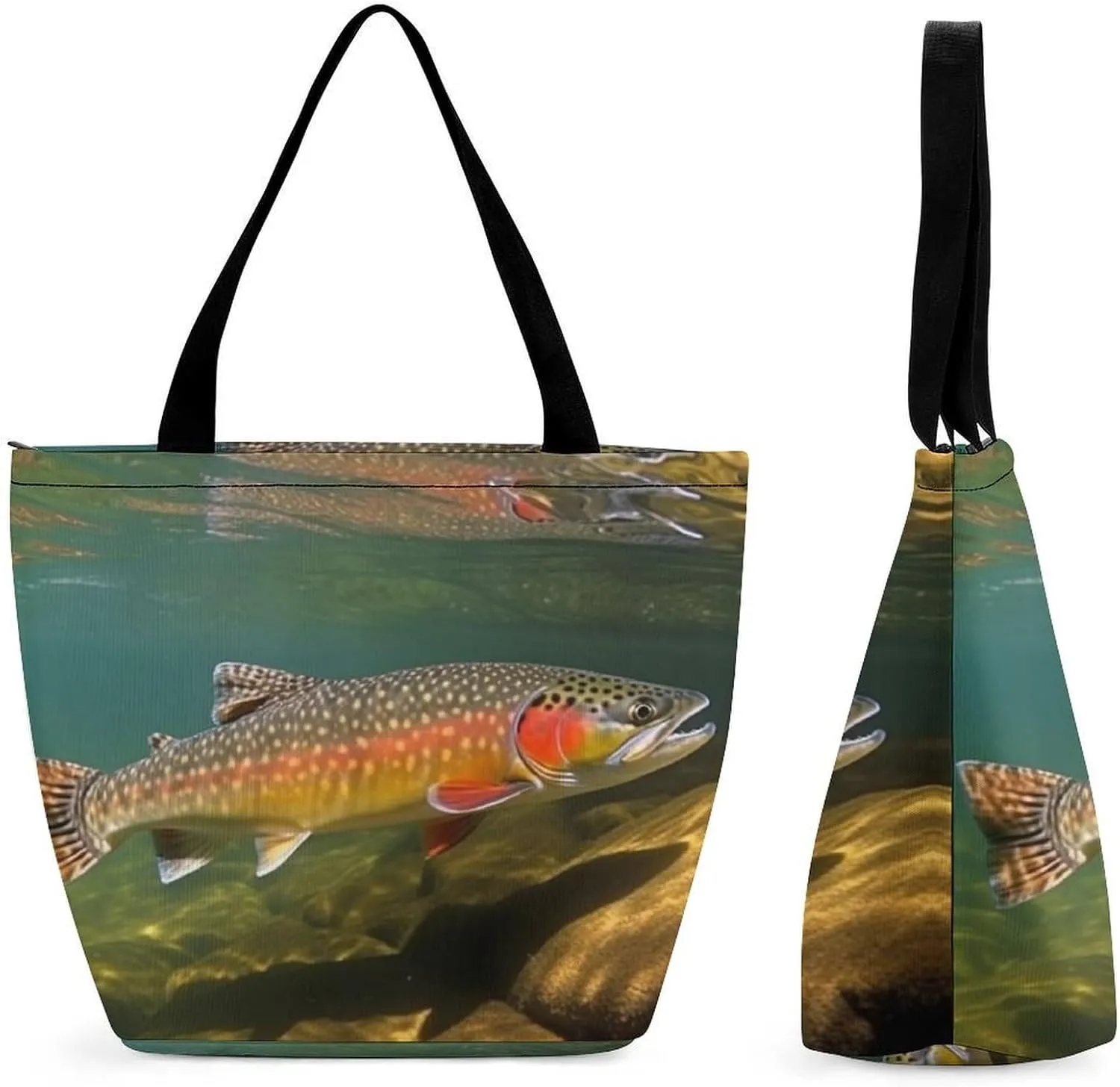 Reusable Shopping Bags for Women Large Grocery Bags Travel Tote Bags Brook Trout Fly Fishing Shoulder Bag for Work
