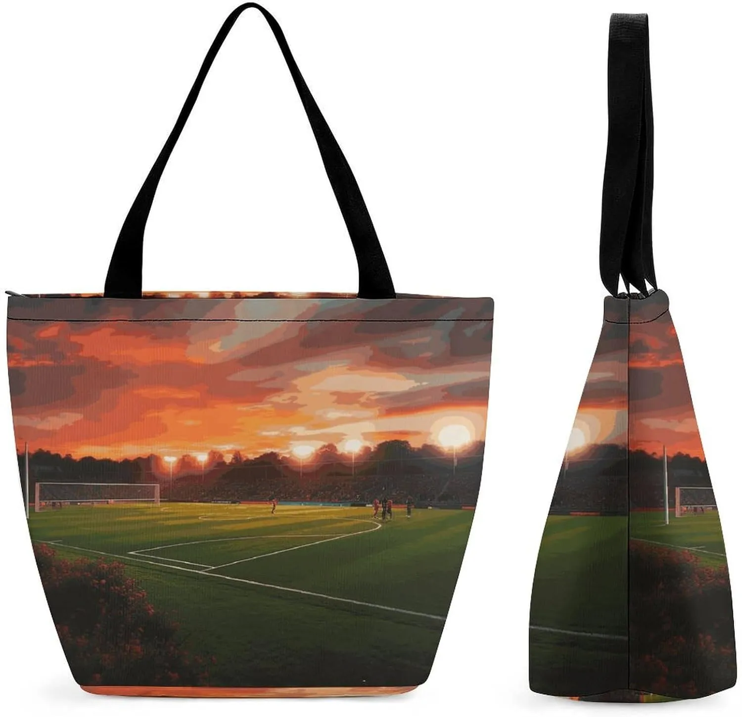 Reusable Shopping Bags for Women Large Grocery Bags Travel Tote Bags Sunset Beautiful Soccer Field Shoulder Bag for Work