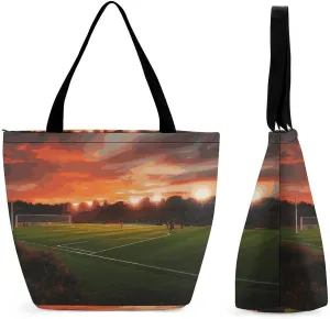 Reusable Shopping Bags for Women Large Grocery Bags Travel Tote Bags Sunset Beautiful Soccer Field Shoulder Bag for Work