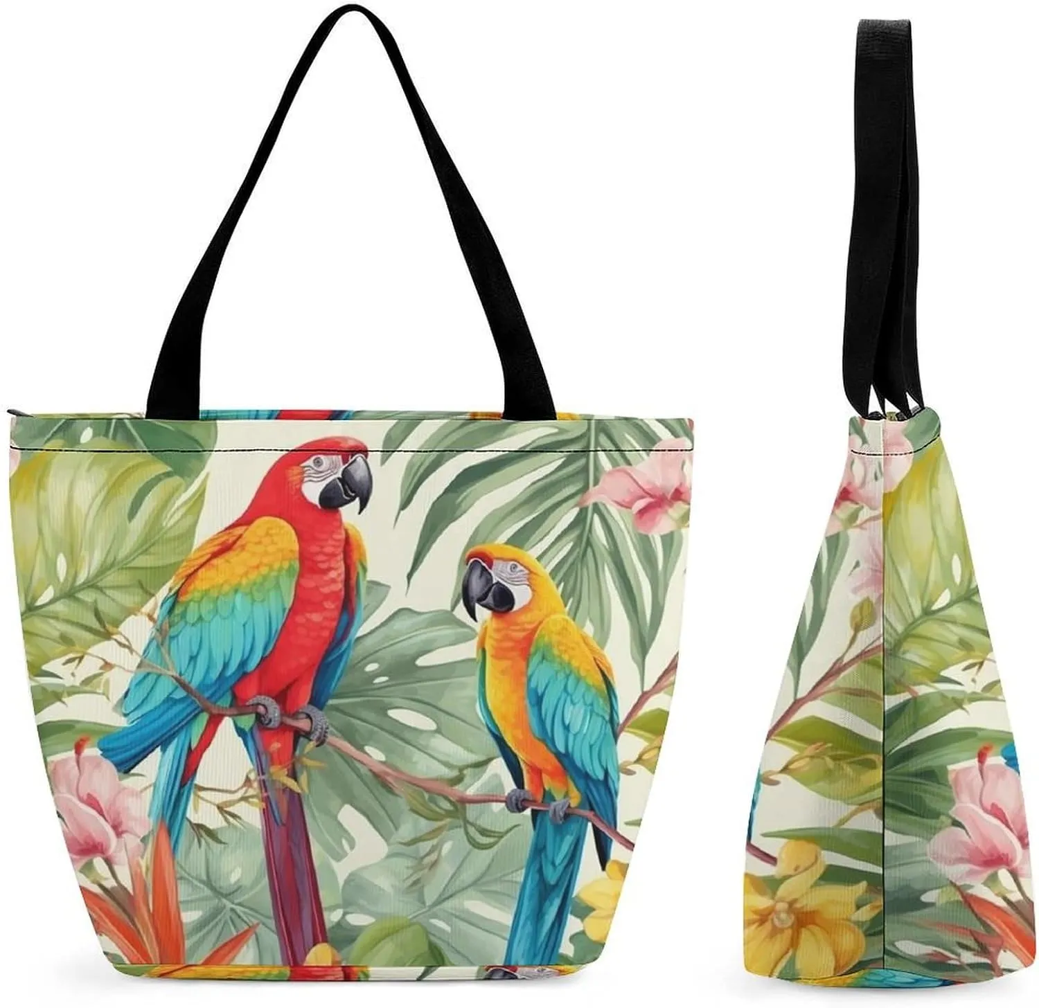 Reusable Shopping Bags for Women Large Grocery Bags Travel Tote Bags Tropical Plants And Parrots Shoulder Bag for Work