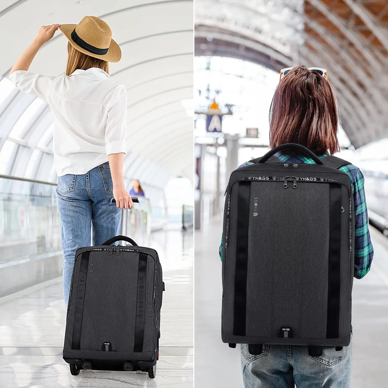 Rolling Backpack, Travel Backpack with Wheels, Rolling Backpack for Women Men, Carry on Luggage with Rolling Laptop Backpack for Work, Fit 17.3 Inch Notebook (Black)