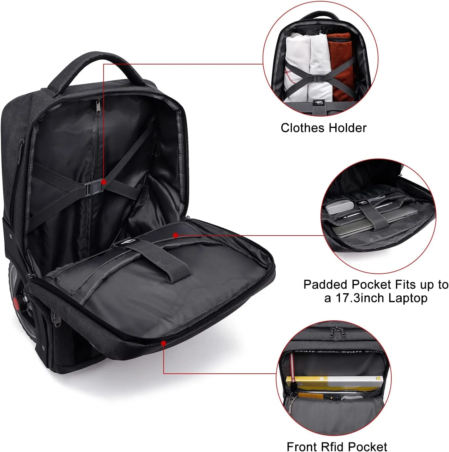 Rolling Backpack, Travel Backpack with Wheels, Rolling Backpack for Women Men, Carry on Luggage with Rolling Laptop Backpack for Work, Fit 17.3 Inch Notebook (Black)