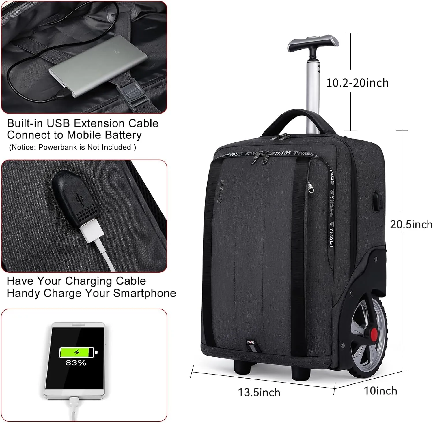 Rolling Backpack, Travel Backpack with Wheels, Rolling Backpack for Women Men, Carry on Luggage with Rolling Laptop Backpack for Work, Fit 17.3 Inch Notebook (Black)
