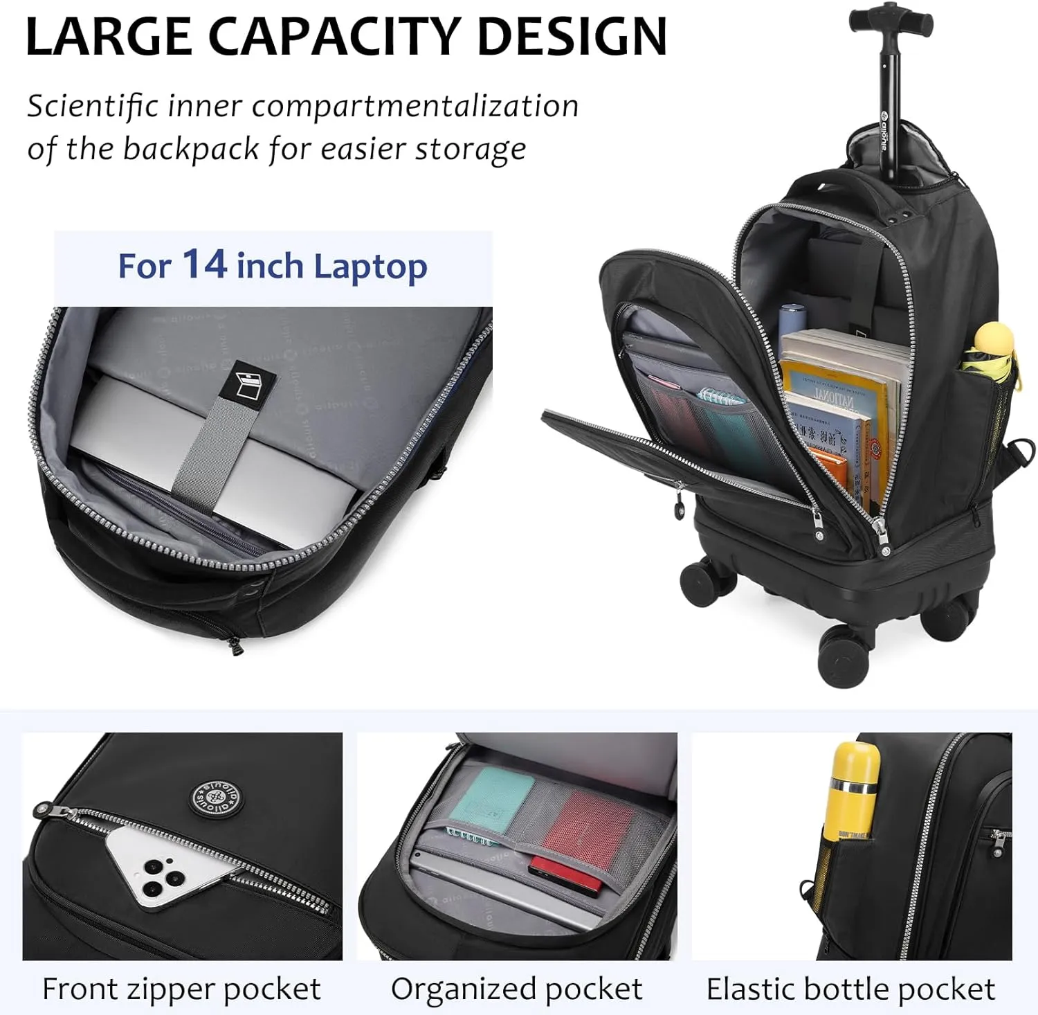 Rolling Backpack with Detachable Wheels 18 inch Wheeled Laptop Backpack Carry on Luggage Bag for Women Men to Travel