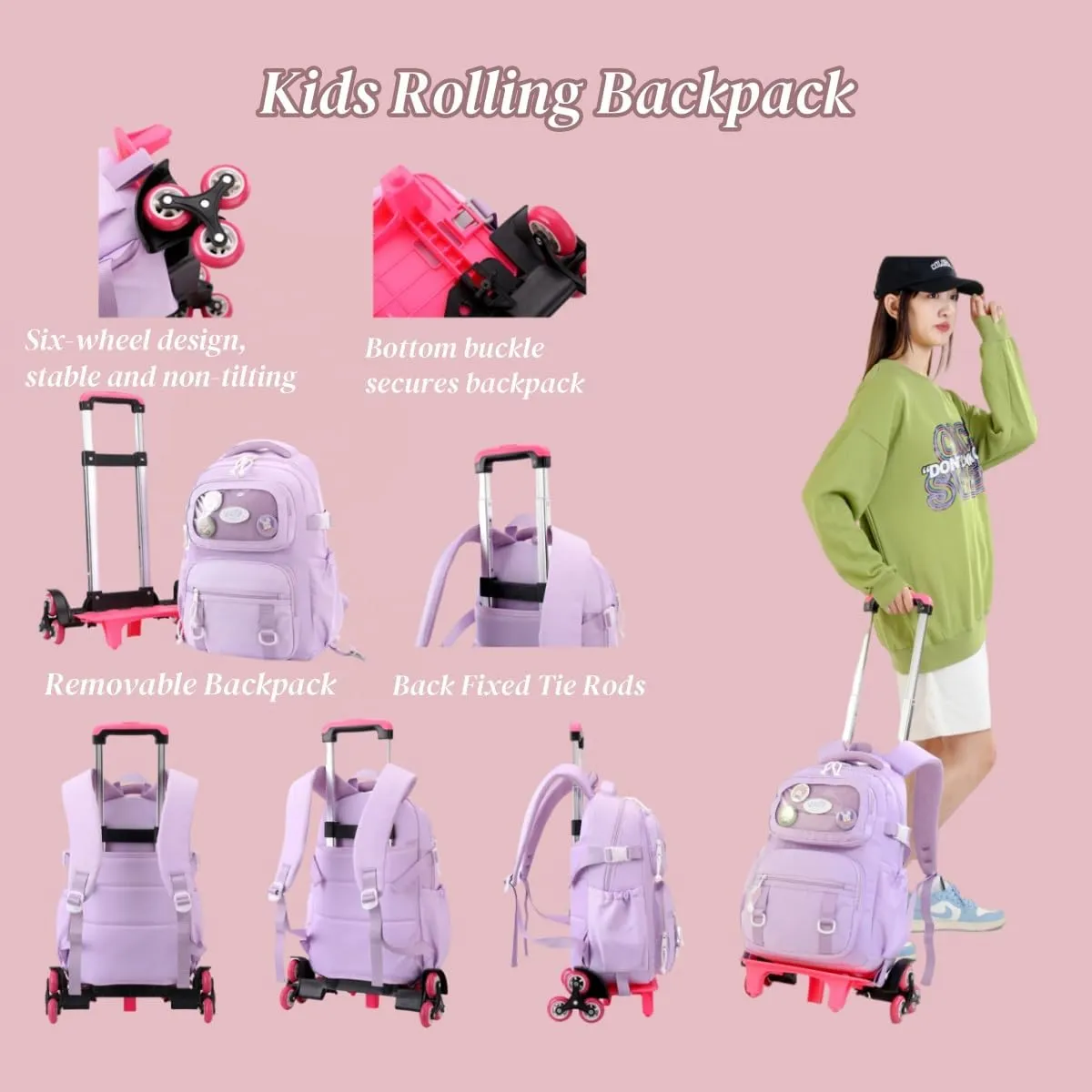 Rolling Backpacks for Girls Plain School Backpack Cute Girls Backpack with Wheels