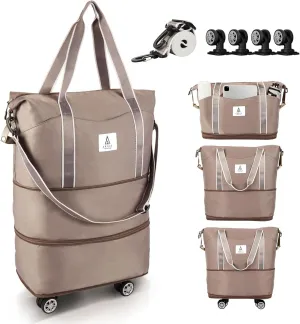 Rolling Duffle Bag with Detachable Wheels and Adjustable Shoulder Strap, Large Expandable Foldable Carry On Luggage Bag with Handle and Suitcase Sleeve, Weekend Travel Airplane 25L-55L