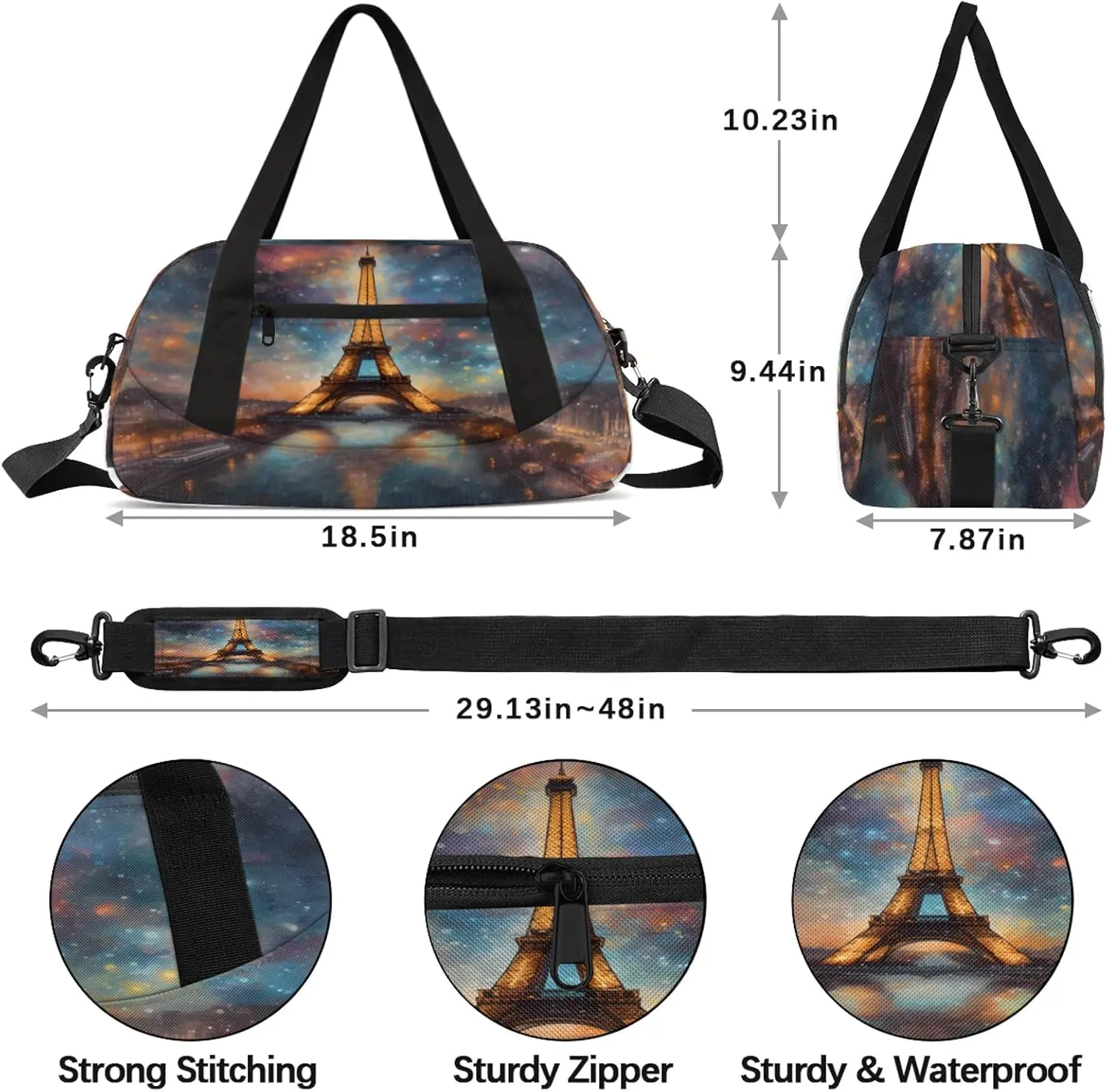 Romantic Starry Night Eiffel Tower Kids Duffel Bag Lightweight Waterproof Sports Gym Bag with Front Zipper Pocket Foldable Weekender Overnight Bag for School Practice Gymnastic Ballet