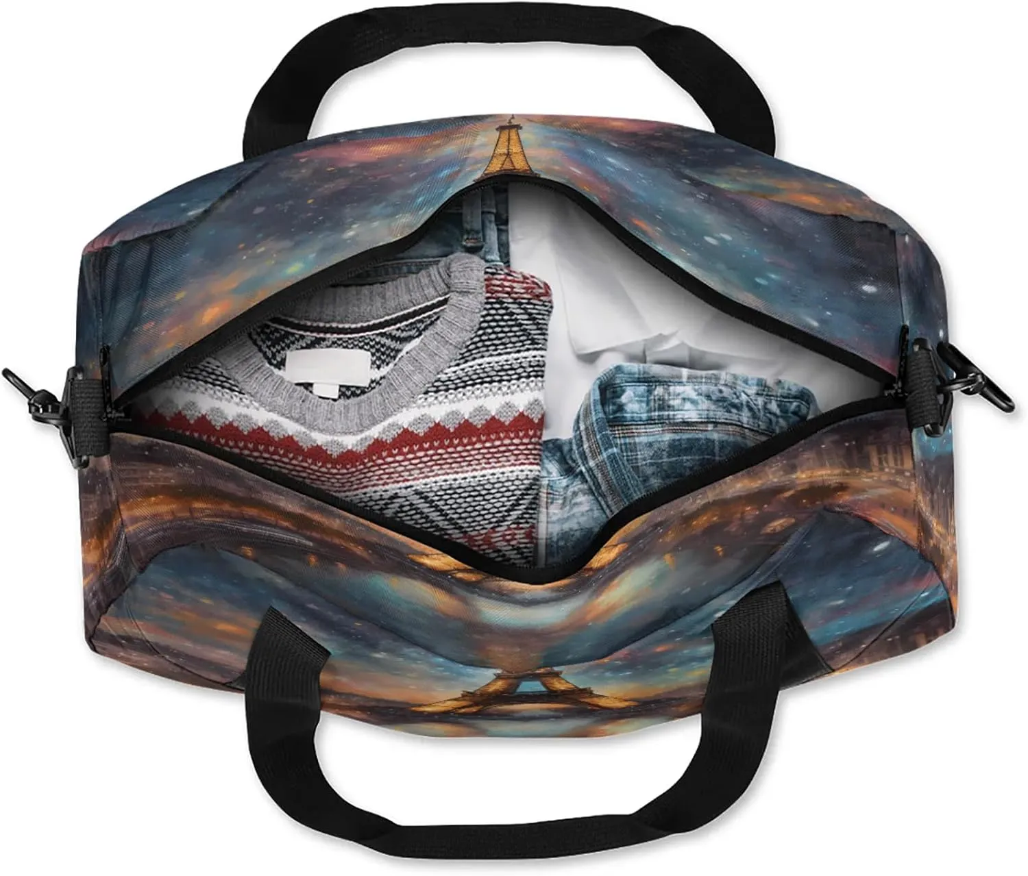 Romantic Starry Night Eiffel Tower Kids Duffel Bag Lightweight Waterproof Sports Gym Bag with Front Zipper Pocket Foldable Weekender Overnight Bag for School Practice Gymnastic Ballet