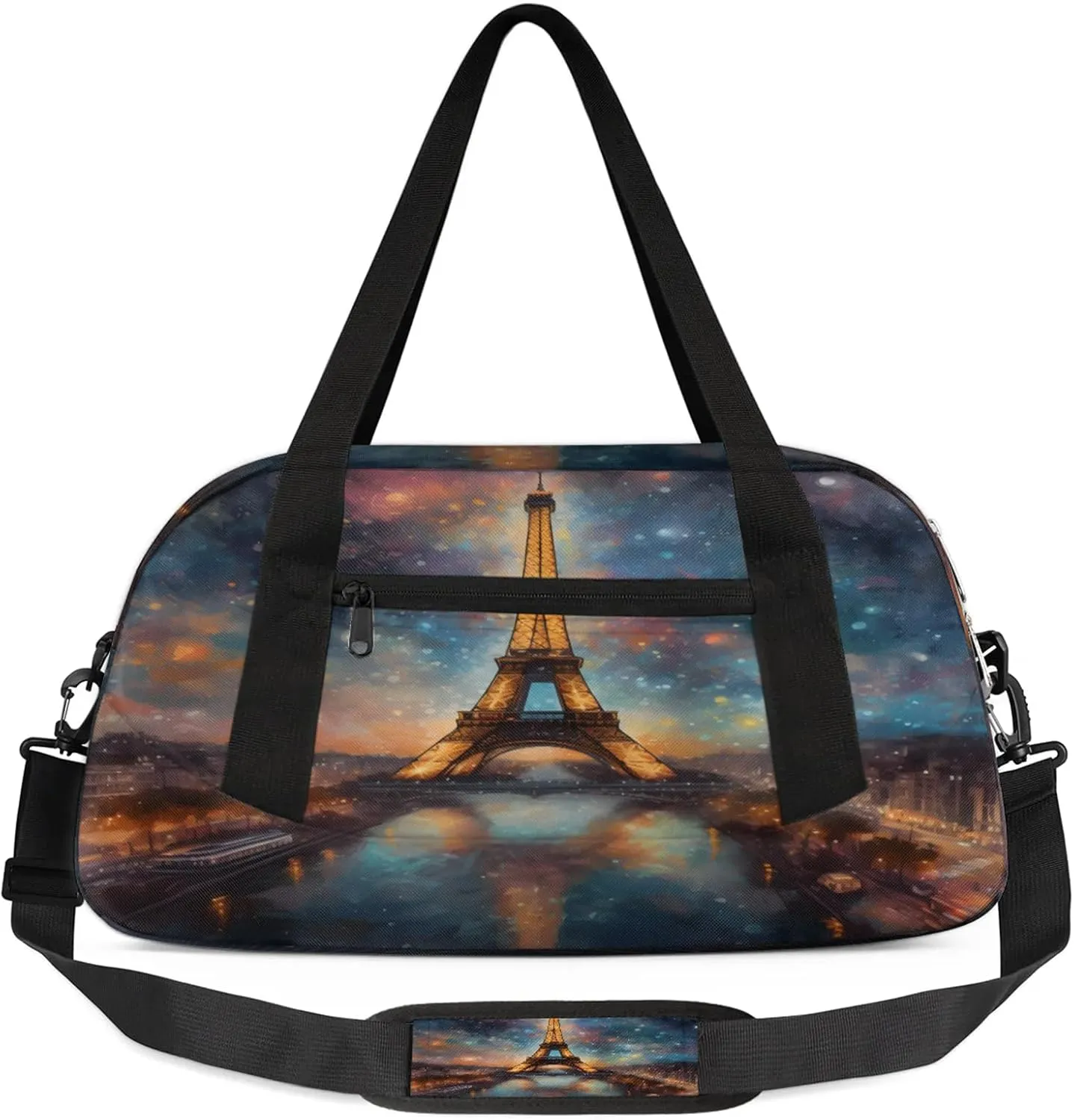 Romantic Starry Night Eiffel Tower Kids Duffel Bag Lightweight Waterproof Sports Gym Bag with Front Zipper Pocket Foldable Weekender Overnight Bag for School Practice Gymnastic Ballet