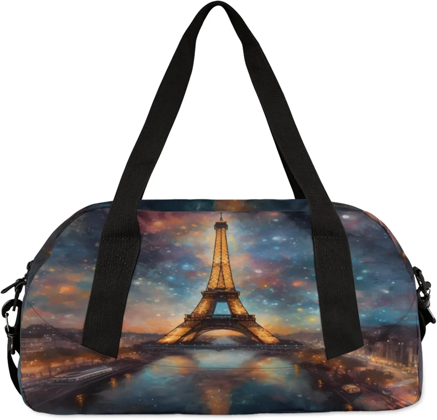 Romantic Starry Night Eiffel Tower Kids Duffel Bag Lightweight Waterproof Sports Gym Bag with Front Zipper Pocket Foldable Weekender Overnight Bag for School Practice Gymnastic Ballet