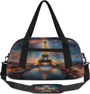 Romantic Starry Night Eiffel Tower Kids Duffel Bag Lightweight Waterproof Sports Gym Bag with Front Zipper Pocket Foldable Weekender Overnight Bag for School Practice Gymnastic Ballet