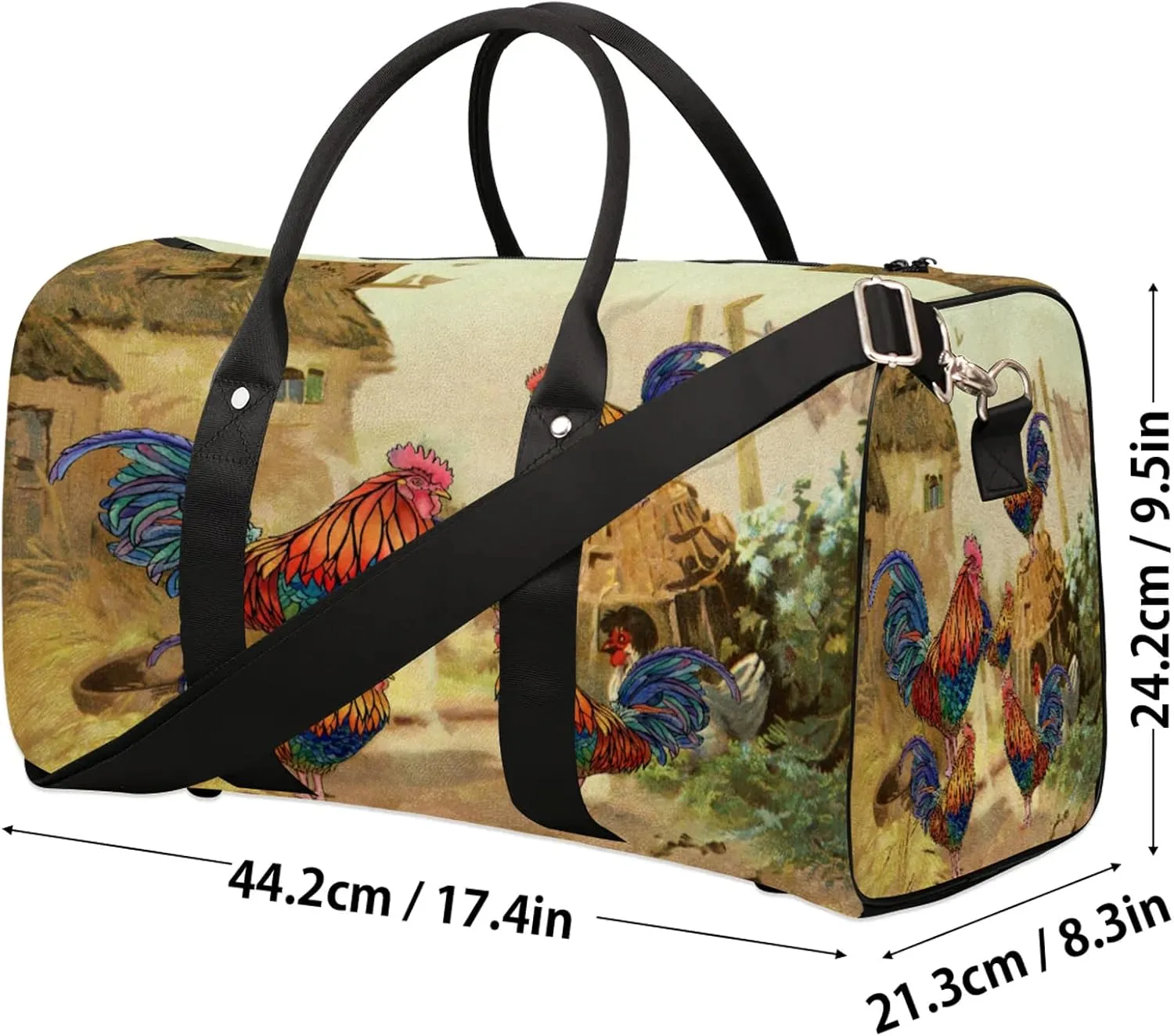 Rooster Farm Animal Travel Duffle Bag, Sports Gym Bags for Women Men, Carry On Weekender Overnight Workout Airplane Trips Bag