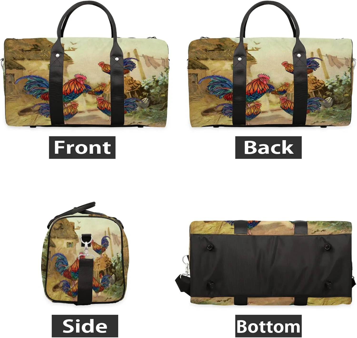Rooster Farm Animal Travel Duffle Bag, Sports Gym Bags for Women Men, Carry On Weekender Overnight Workout Airplane Trips Bag