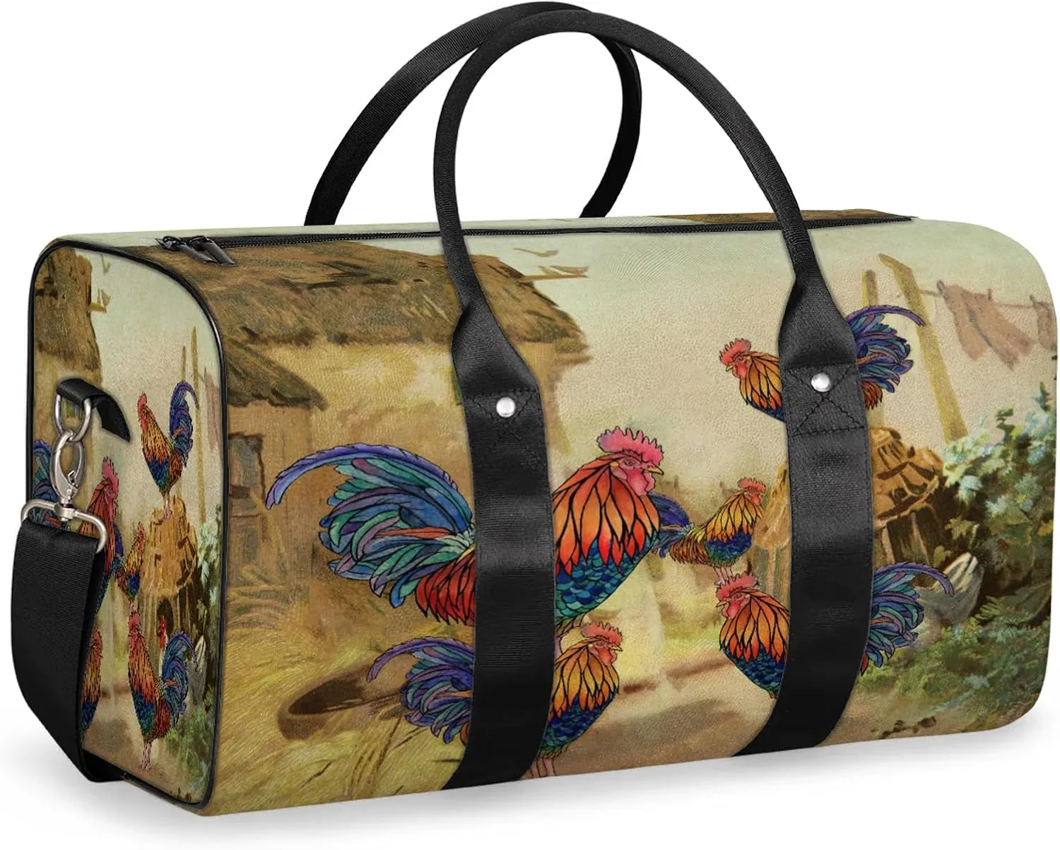 Rooster Farm Animal Travel Duffle Bag, Sports Gym Bags for Women Men, Carry On Weekender Overnight Workout Airplane Trips Bag