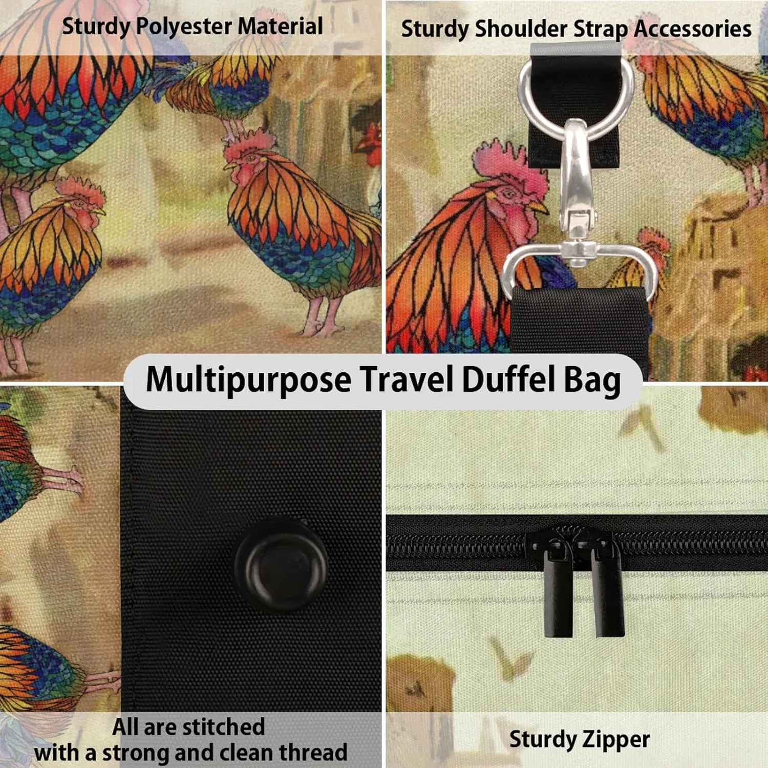 Rooster Farm Animal Travel Duffle Bag, Sports Gym Bags for Women Men, Carry On Weekender Overnight Workout Airplane Trips Bag