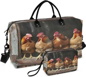 Roosters Standing in A Row Travel Duffel Bags 2PCS,Sports Duffel Bags for Men Women,Weekender Overnight Bag Gym Tote Bag with Toiletry Bag